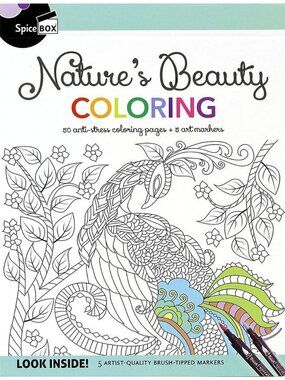 Spicebox Natures Beauty Coloring 50 Anti Stress Coloring Pages 5 Artmarkers NEW
